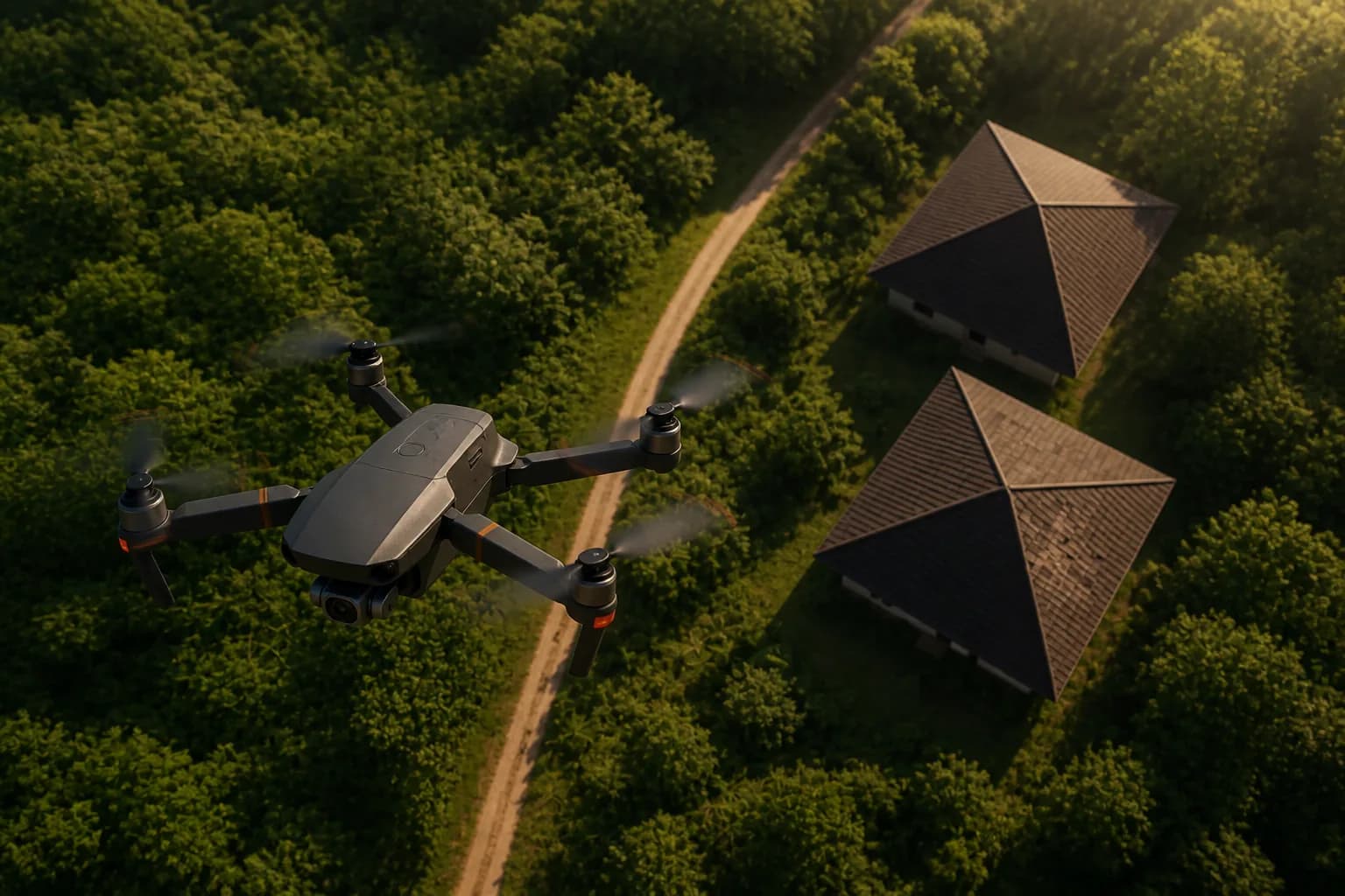 Part 107 inspection drone over residential roofs